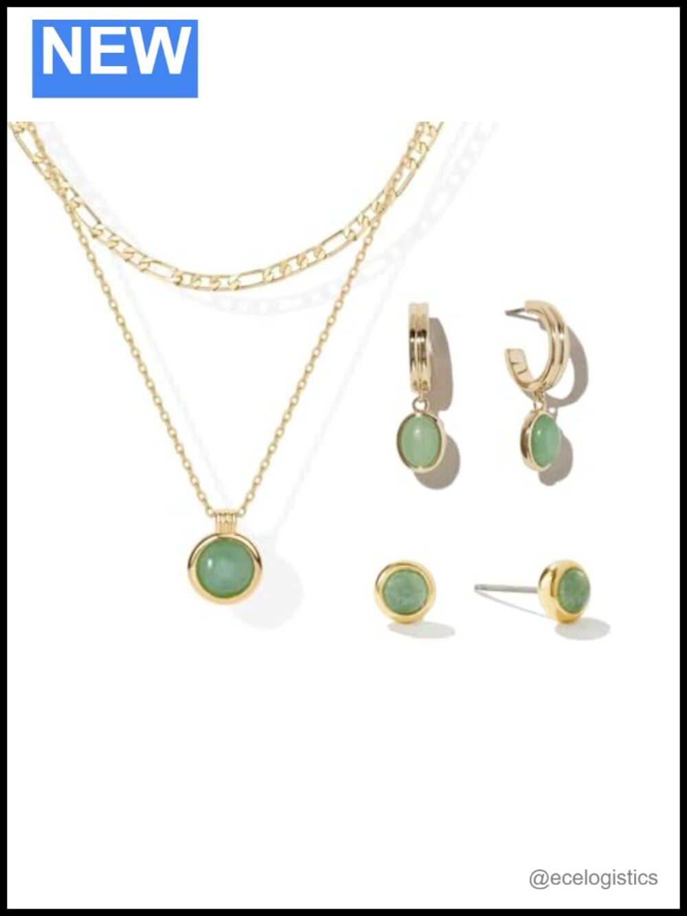 18K Gold Plated Natural Jade Jewelry Set Hoop Earrings Bracelet Necklace